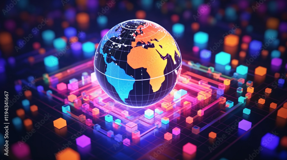 Poster global network connection concept continents are subtly highlighted in radiant colors against a deep