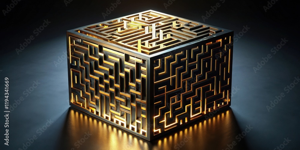 Poster illuminated cubic labyrinth a complex intricate puzzle design