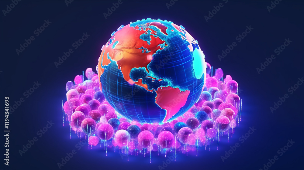 Poster global network connection concept continents are subtly highlighted in radiant colors against a deep