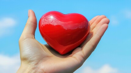 Fototapeta premium A Hand Holding a Red Heart Against a Blue Sky: A Symbol of Love, Care, and Compassion