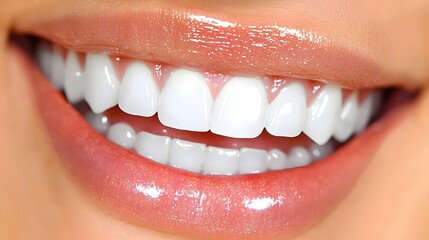 Closeup of a woman s face showcasing a radiant and confident smile with pearly white teeth and glossy alluring lips  This image exudes a sense of natural beauty positivity