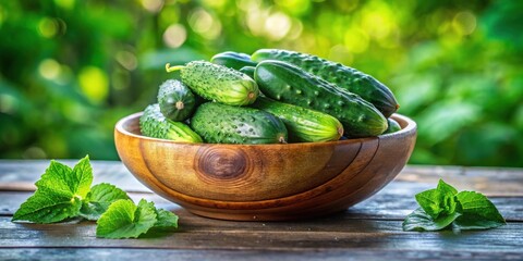 Freshly Harvested Cucumbers in a Rustic Wooden Bowl with Aromatic Herbs