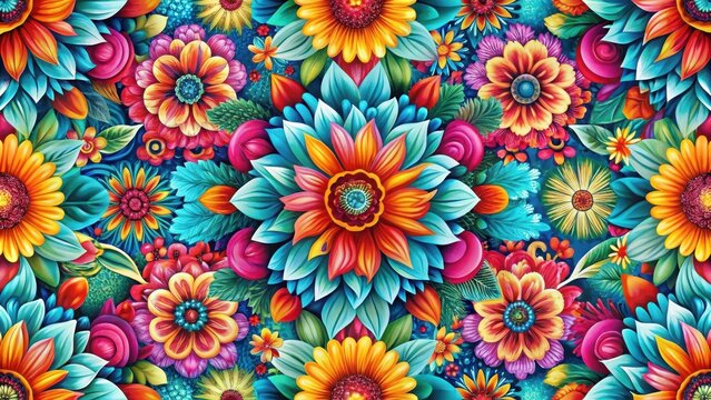 An intricate seamless pattern composed of vibrant abstract flower elements, combining bold shapes and vibrant colors to create a visually striking design , trendy, eclectic