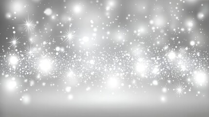 Winter background with the image of falling snow, stars and bokeh lights, white and gray colors, shiny glittery texture, blurred background