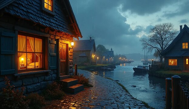 An old house in a fishing village during a rainy afternoon, warm autumn colors, dramatic cloudy sky. Generate AI