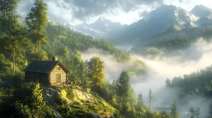 A small log cabin on a forested hilltop, overlooking a tranquil valley blanketed in fog, soft morning light breaking through the canopy, creating a serene and picturesque ambiance,