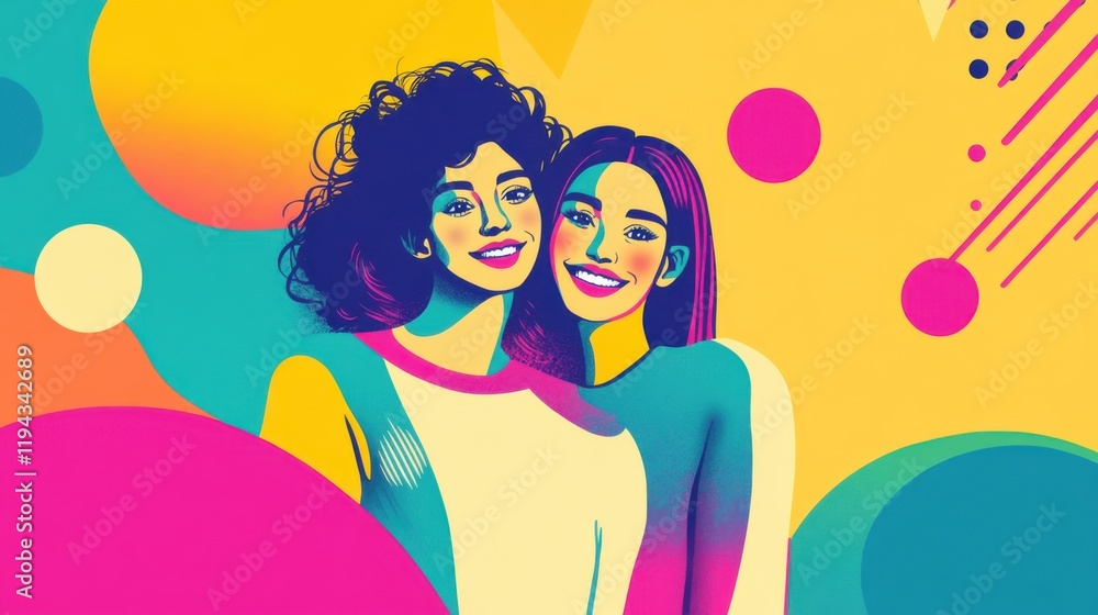 Poster vibrant portrait of two women with joyful expressions surrounded by colorful shapes and patterns in 