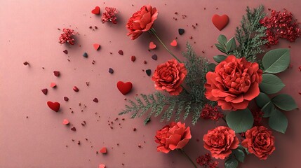 Elegant Floral Arrangement with Hearts and Confetti Texture for Greeting Card Design