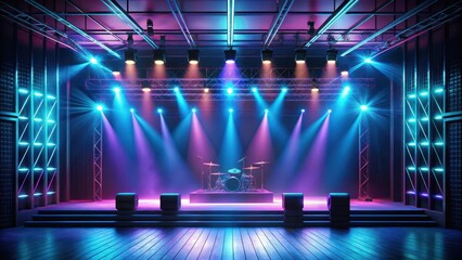 Dark concert venue poster with neon lights, shadows, ,  shadows