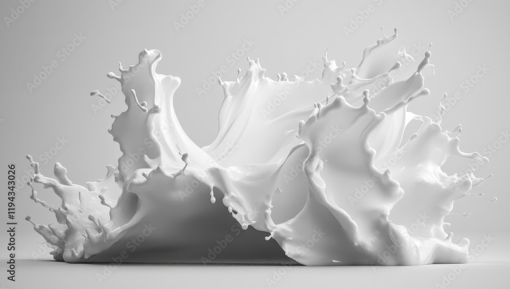 Poster abstract white liquid splash, dynamic movement, 3d render.