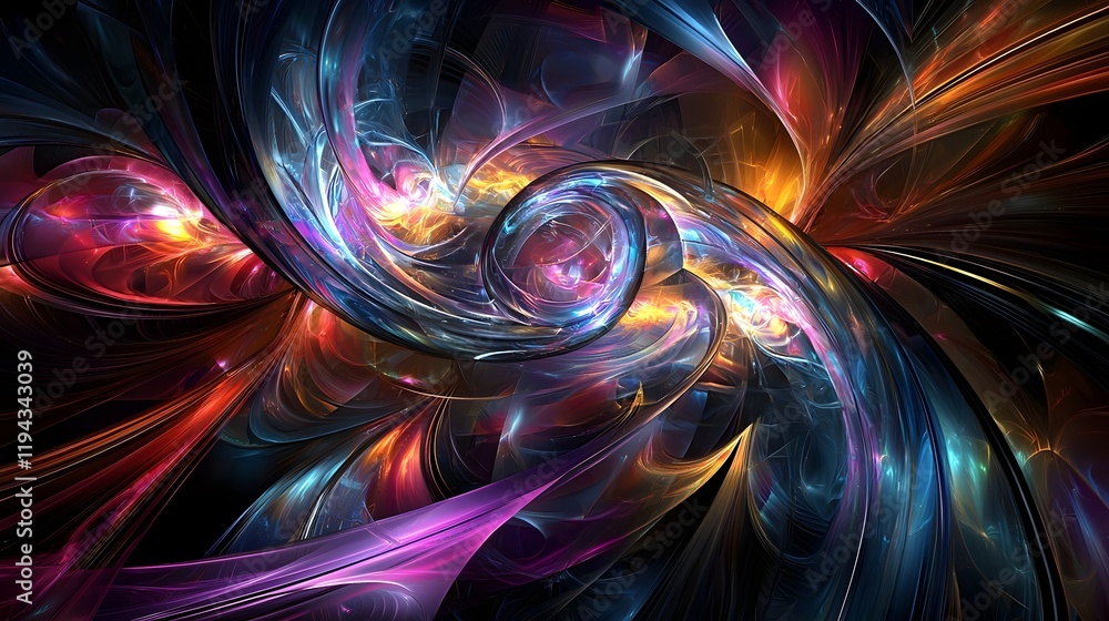 Poster flowing curves of vibrant futuristic digital design in abstract motion mesmerizing kaleidoscopic fra