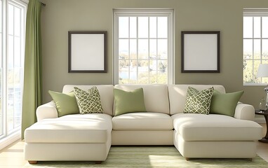 Modern sectional sofa in sunlit living room with green accents