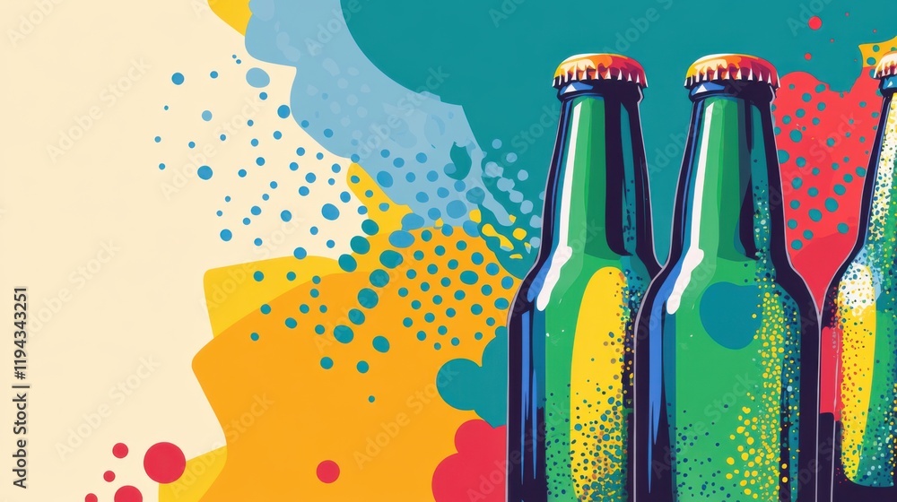 Poster vibrant and colorful background featuring three green bottles in a retro comic style design with spl