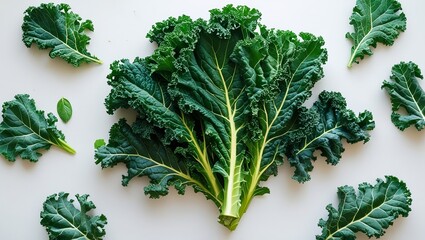 A bunch of fresh kale leaves arranged on a white table, with some smaller leaves spread around in an organic manner
