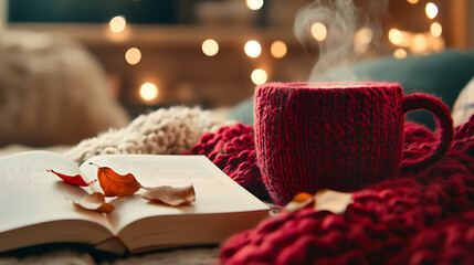 Cozy nook with steaming red mug, book, and autumn leaves, perfect for relaxation