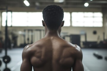 Rear view of a muscular African-American man in a gym with gym equipment in the background and bright natural lighting
