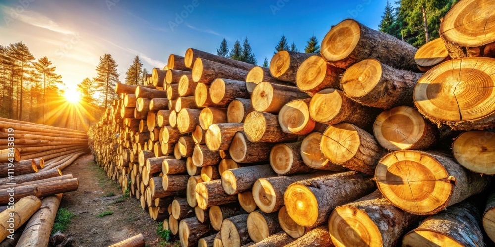 Poster golden hour lumber stack in a pine forest