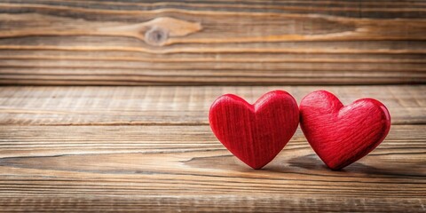A close-up shot of two red hearts placed side by side on a wooden table background, with subtle wood grain texture visible , heart design, red hearts