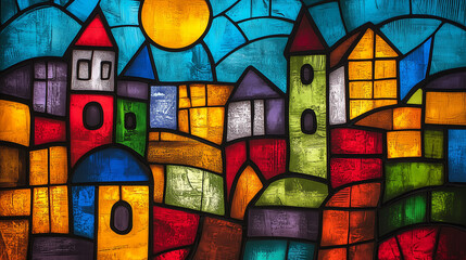 Obraz premium Beautiful city stained glass background wallpaper