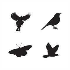 Set of silhouettes of birds and butterfly
