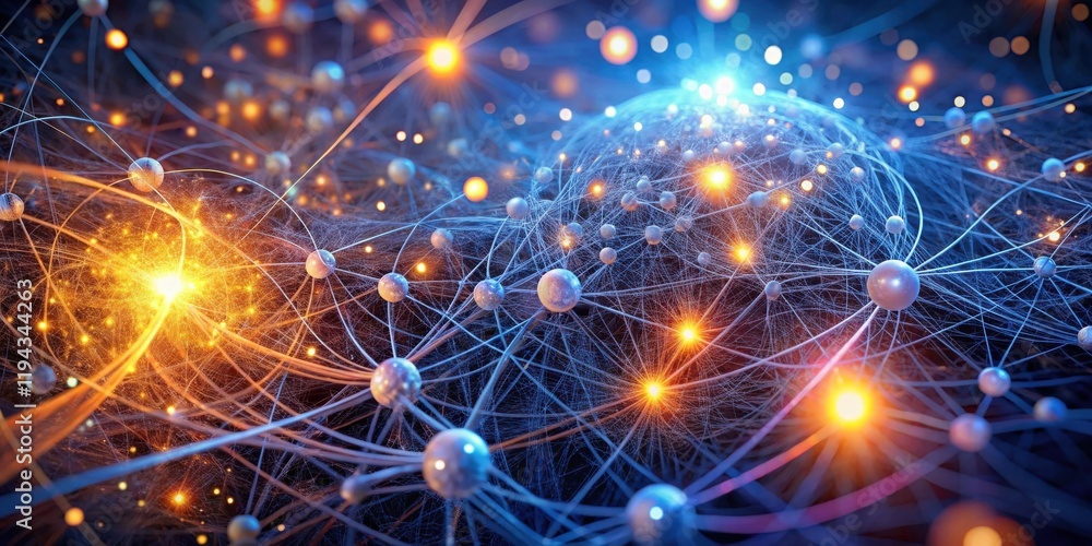Poster intricate network of illuminated spheres and filaments interconnected through a complex web