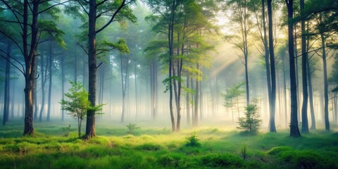 Obraz premium Soothing forest atmosphere with misty fog and serene trees, peaceful, calming, peaceful