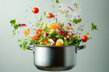 Vegetables tossed high above a pot, mid-air, against a sunlight-filled kitchen.