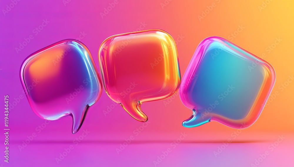 Poster three glossy colorful speech bubbles float against a vibrant gradient background.