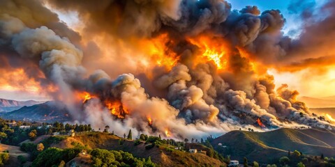 Dramatic Wildfire with Smoke and Flames at Sunset