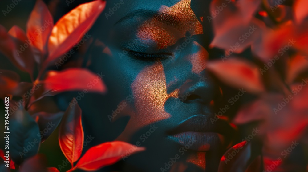 Wall mural Woman's Face Hidden Among Red Leaves: A Serene Portrait