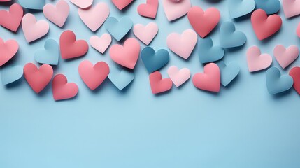 Obraz premium Soft pastel pink and blue hearts, isolated on blue paper table background texture, top view