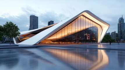 Modern Architectural Marvel by Water with City Skyline Background