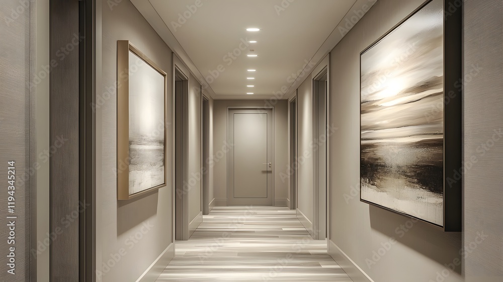 Poster this image depicts an elegant and sophisticated corporate office hallway with a serene and calming a