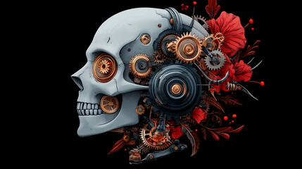 Mechanical Skull with Gears and Flowers