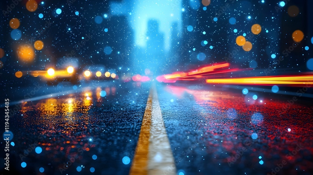 Poster blurred cityscape with vibrant lighting and dynamic movement creating a futuristic business oriented