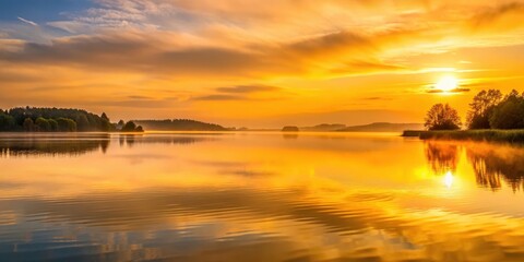 Fototapeta premium Golden hues of dawn breaking over a serene lake, golden hues, nature