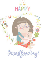 Beautiful mother breastfeeding her baby child holding him in her caring hands. Cartoon lactation vector illustration.