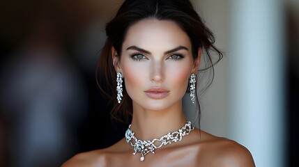 A model with flawless makeup and a sleek hairstyle stuns in a glamorous red carpet look showcasing exquisite jewelry and high fashion couture