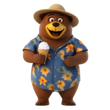 Brown bear cartoon character enjoying an ice cream cone with tropical flowers shirt on transparent background