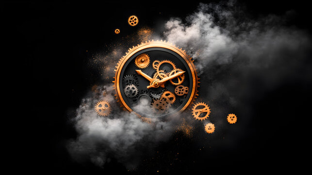 Steampunk Clockwork Gears Exploding with Smoke and Dust