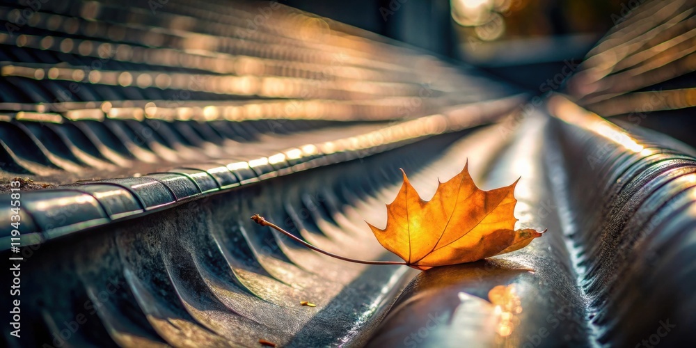 Poster autumnal leaf resting on a metallic surface with subtle lighting