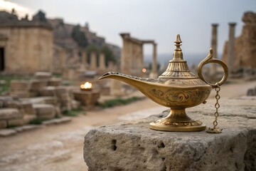 Golden Arabic lamp on a stone altar