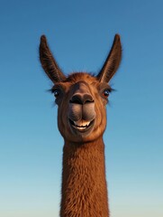 Fototapeta premium A cheerful llama smiles against a clear blue sky, showcasing its unique features and friendly demeanor.