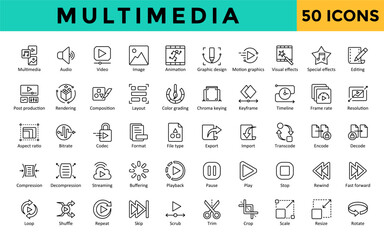 Multimedia icons set with multimedia, audio, video, image, animation, graphic design, motion graphics, visual effects, special effects, editing icon. Simple line vector 
