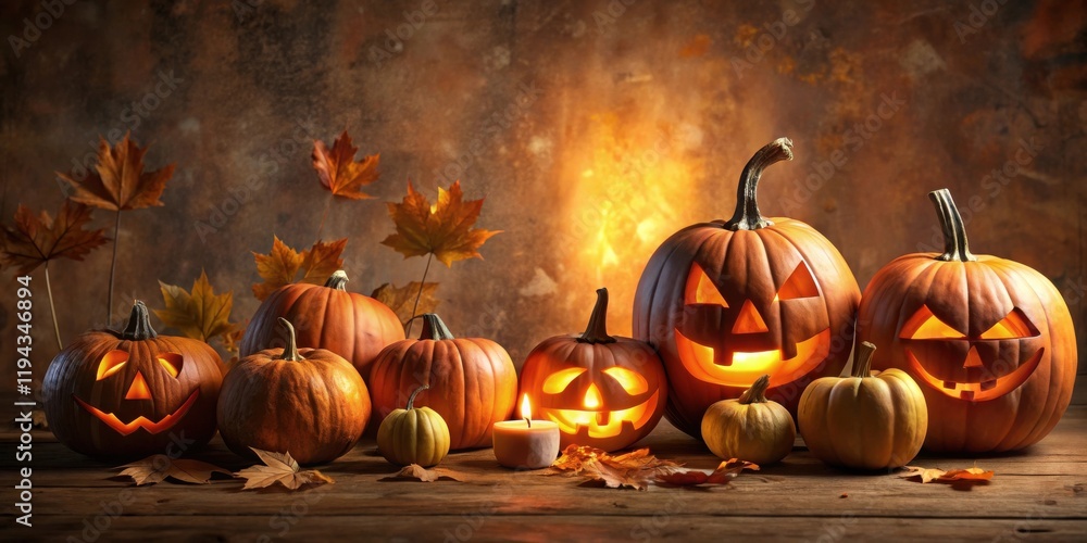 Poster illuminated jack-o'-lanterns with autumn leaves and a candlelight glow on rustic wood
