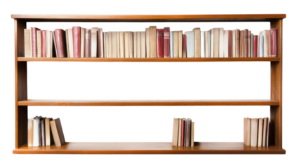 Blank wooden shelf concept. Bookshelves filled with various books on a wooden shelf.