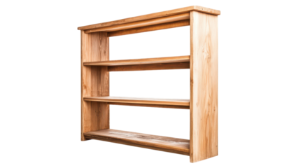 Blank wooden shelf concept. Wooden shelving unit with three open shelves on transparent background.