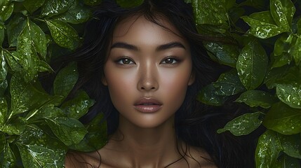 Captivating female portrait showcasing natural beauty with model s face framed by lush verdant foliage in serene tranquil outdoor setting  Represents healthy organic