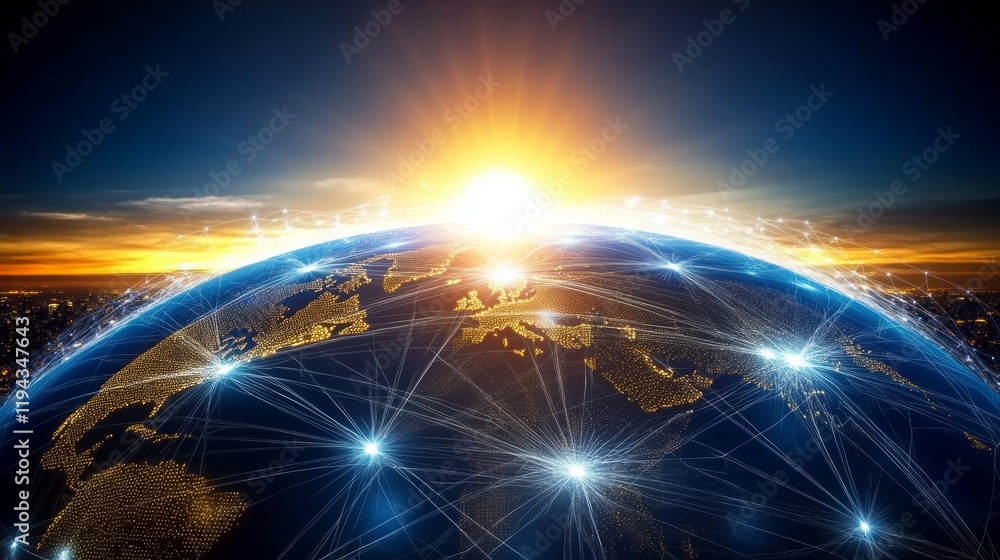 Poster global network sunrise; interconnected world; technology future; website header