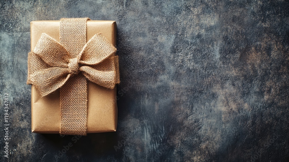 Poster elegant gift box wrapped in burlap ribbon on textured surface with ample space for text or branding.